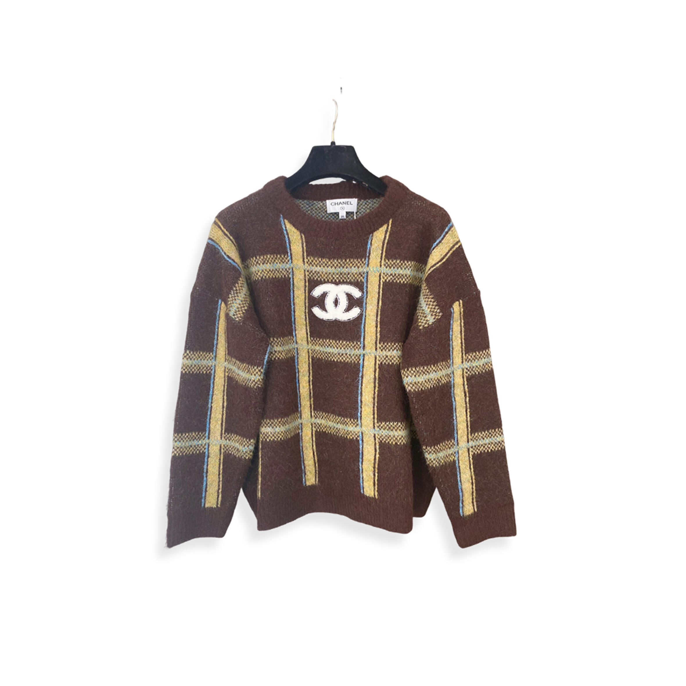CHANEL COLOR-BLOCKED PLAID PULLOVER LONG-SLEEVED SWEATER 